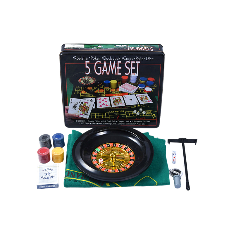 Súprava kasínových hier 5 v 1 – ruleta, poker, black jack, kocky, pokerové kocky v kovovej plechovke
