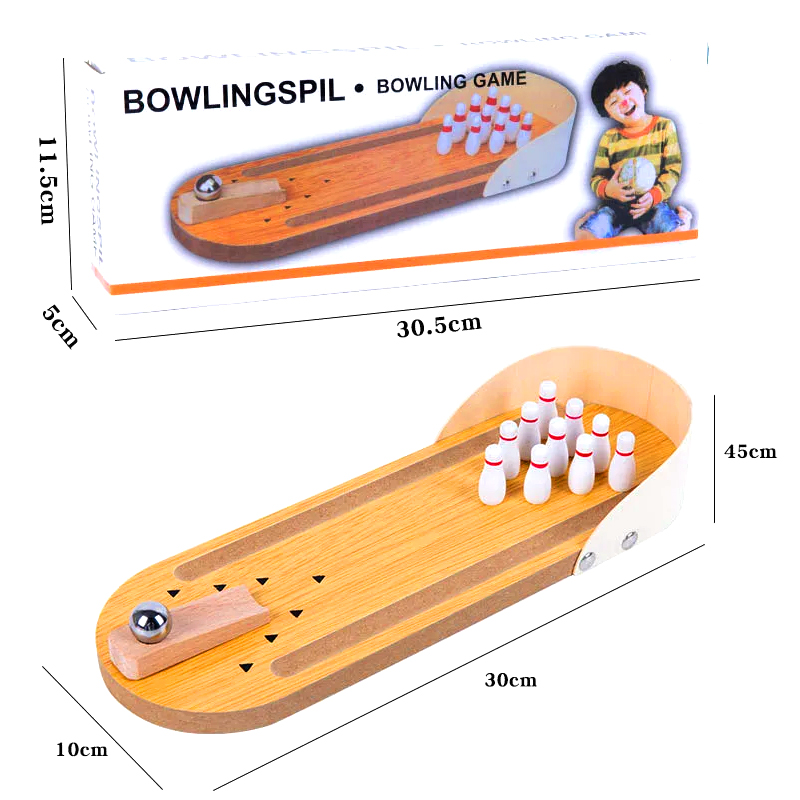 Kompaktná drevená súprava s oceľovou guľou a kolíkmi Mini stolná bowlingová hra