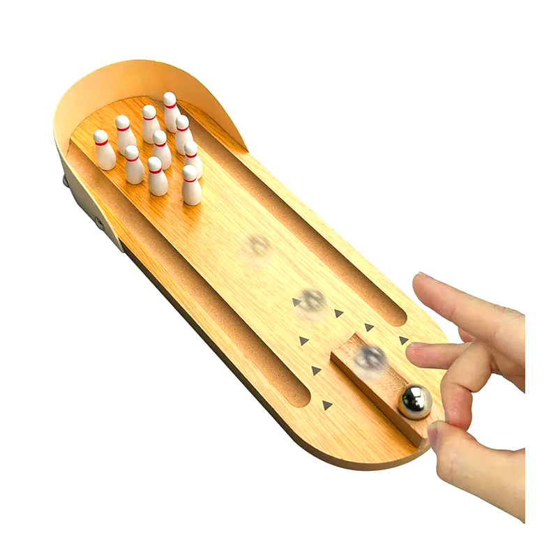 Kompaktná drevená súprava s oceľovou guľou a kolíkmi Mini stolná bowlingová hra